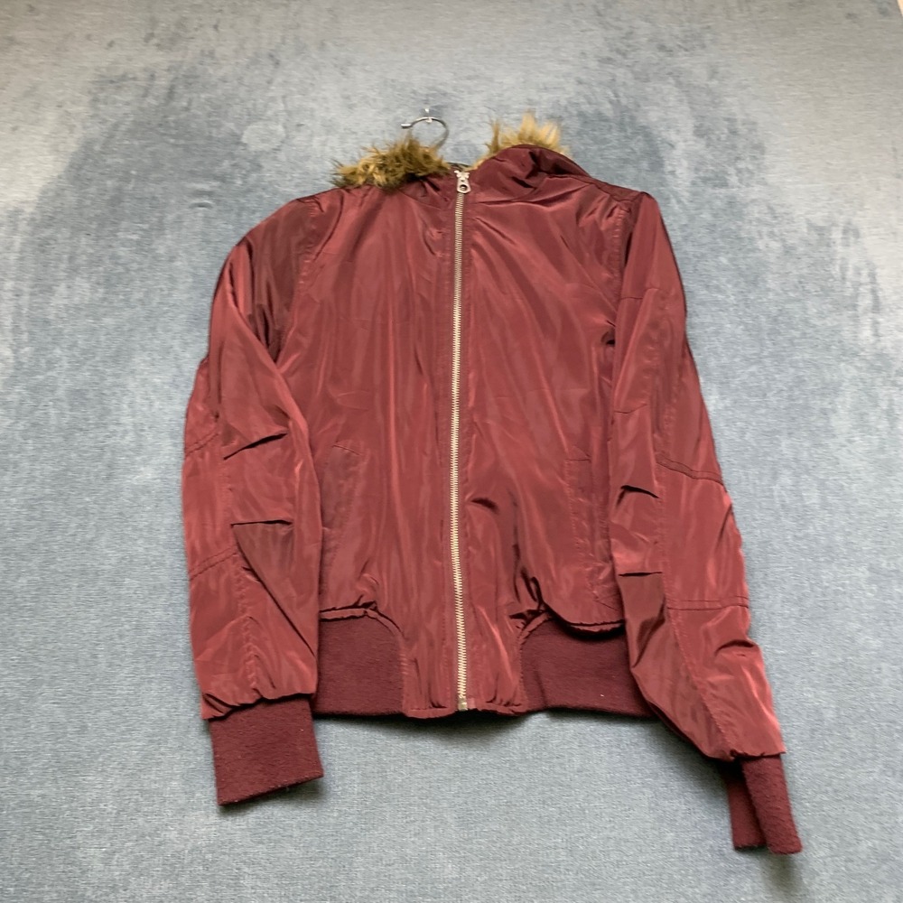 B Sweet Clothing Co Bomber Jacket Womens Small Burgundy Faux Fur Hood Full Zip